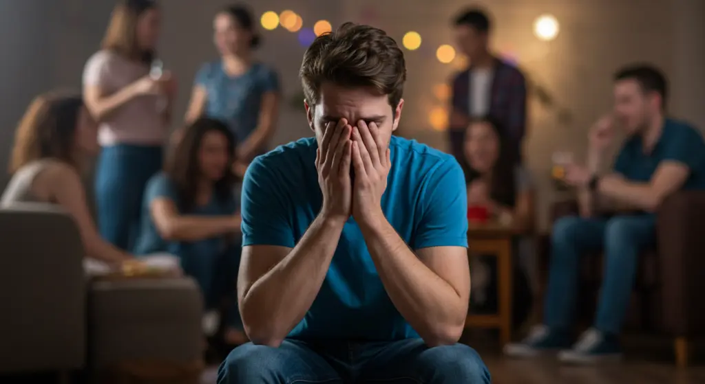 Stressed man in blue shirt at a party.