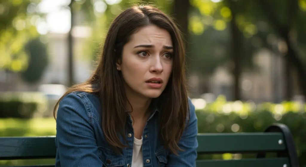 Woman on bench looks worried outdoors