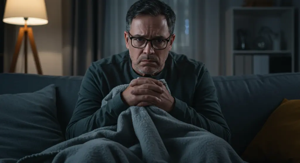 Man sitting on couch, looking worried at night.