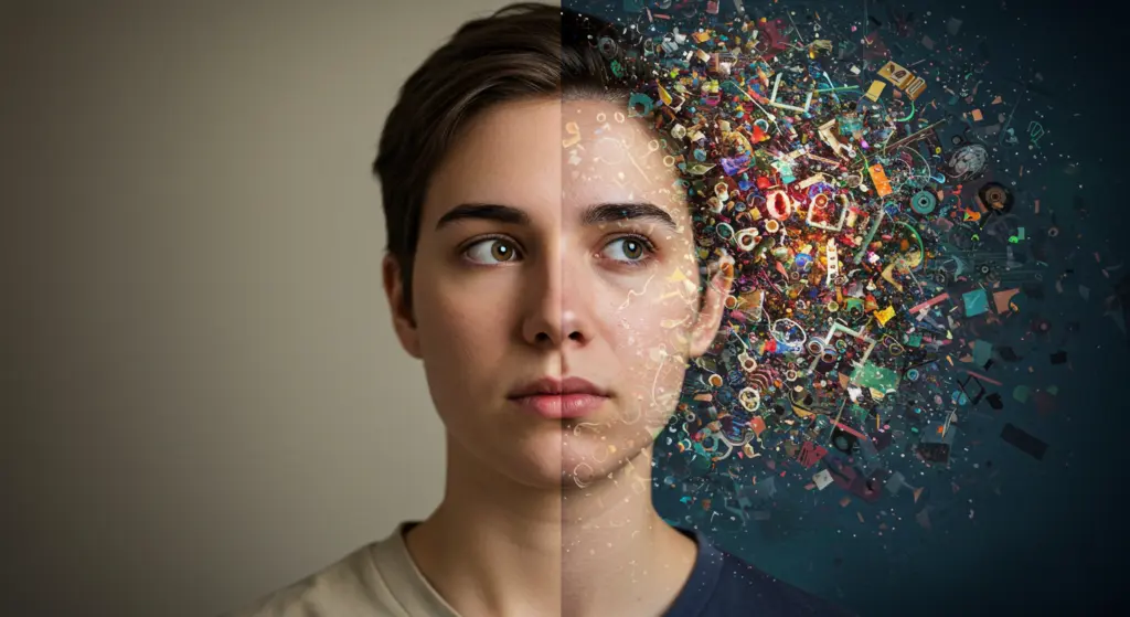 Split face, half realistic, half abstract collage