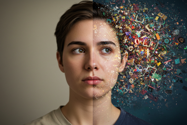 وجه شخص نصفه أشياء متناثرة