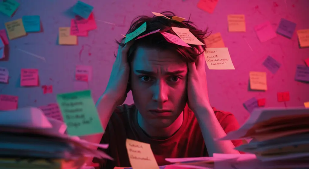 Stressed person surrounded by sticky notes.
