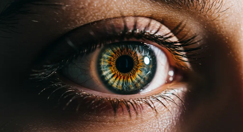 Close-up of a human eye with amber pattern