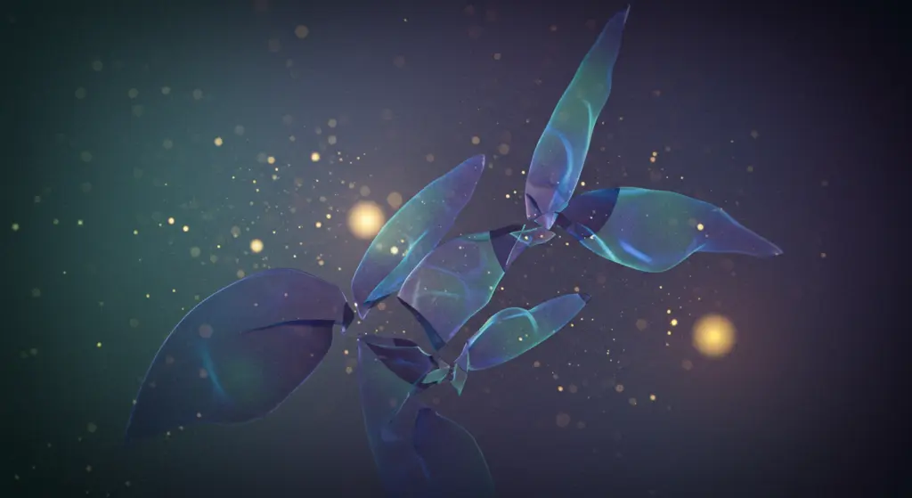 Abstract blue petals with glowing particles.