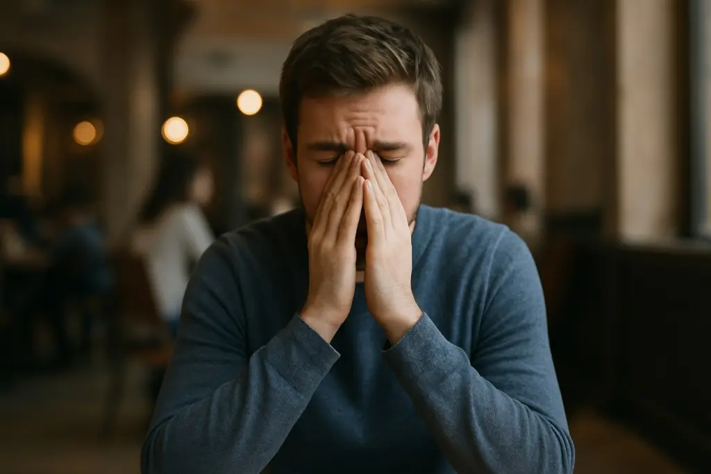 Stressed man rubbing face in a cafe.