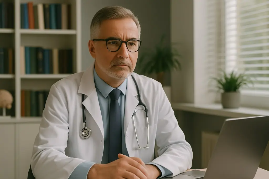 Doctor in office with laptop and stethoscope.