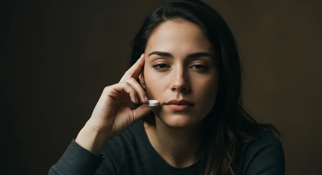 Woman contemplating medication, holding white pill