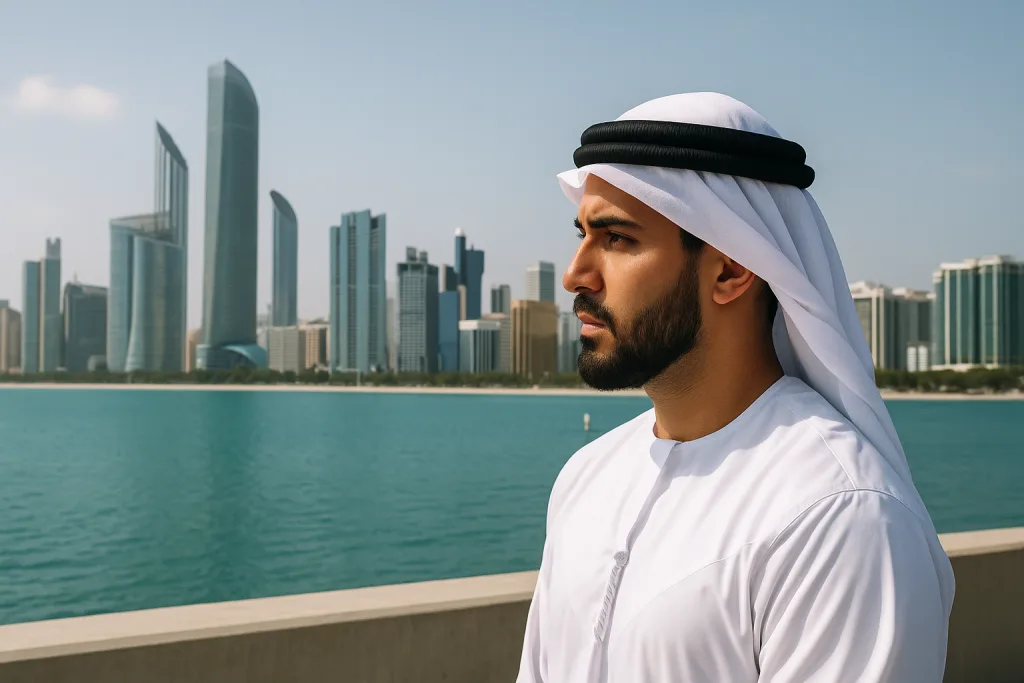 Man in traditional attire, city skyline background.