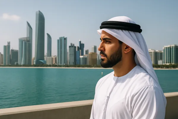 Man in traditional attire, city skyline background.