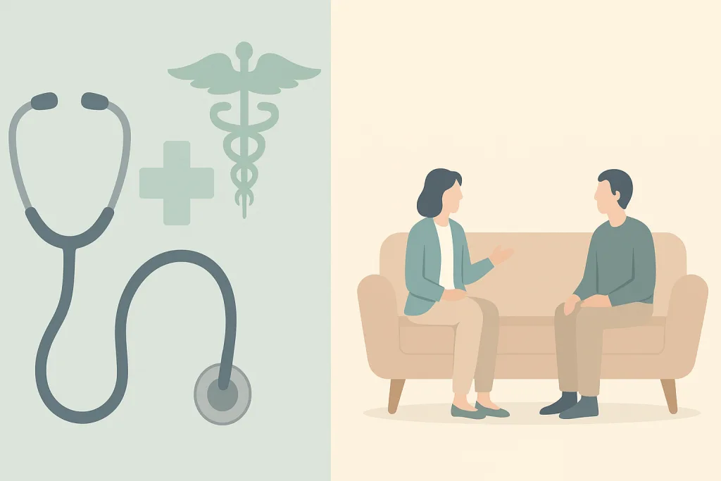 Doctor consultation illustration with stethoscope and symbols.
