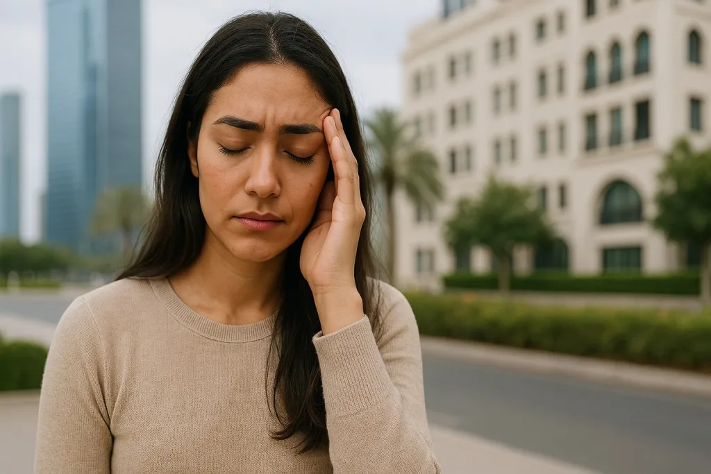 Woman experiencing a headache outdoors near buildings.