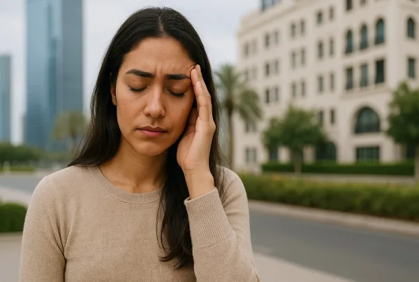 Woman experiencing a headache outdoors near buildings.