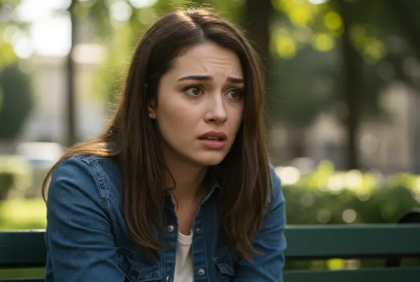 Woman on bench looks worried outdoors