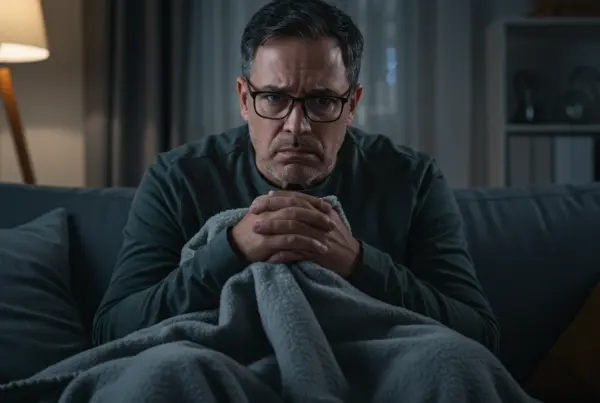 Man sitting on couch, looking worried at night.